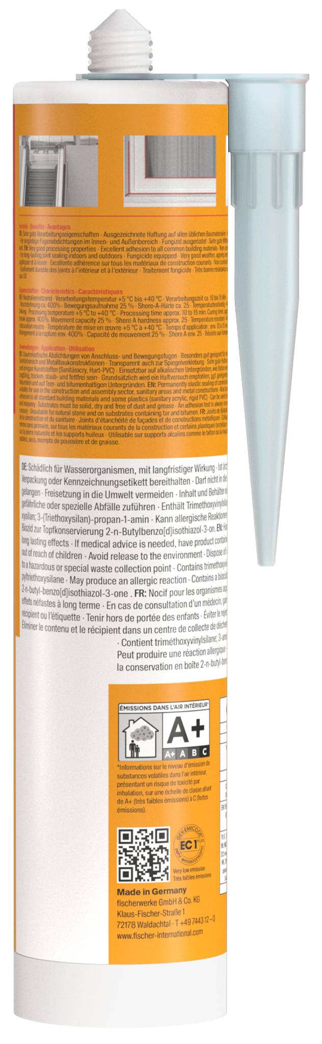 Orange-Spraydose mit weißem Deckel und hellgrauem Sprühkopf, bedeckt mit Produktinformationsetiketten und Gefahrenkennzeichnungen.