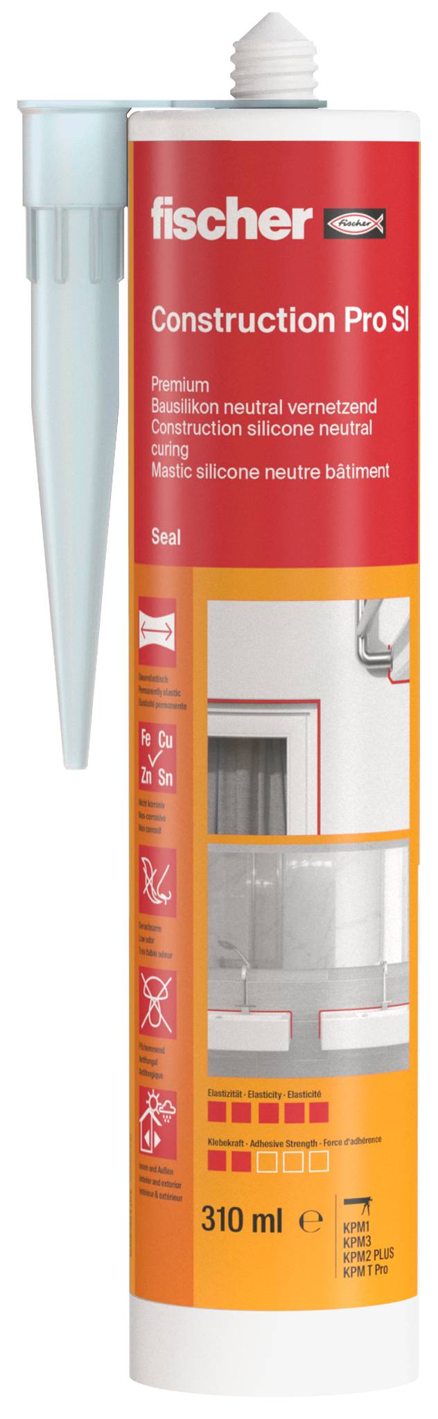 Red Fischer Construction Pro Silikon-Dichtmasse-Kartusche mit weißer Düse, beschriftet mit 310 ml.