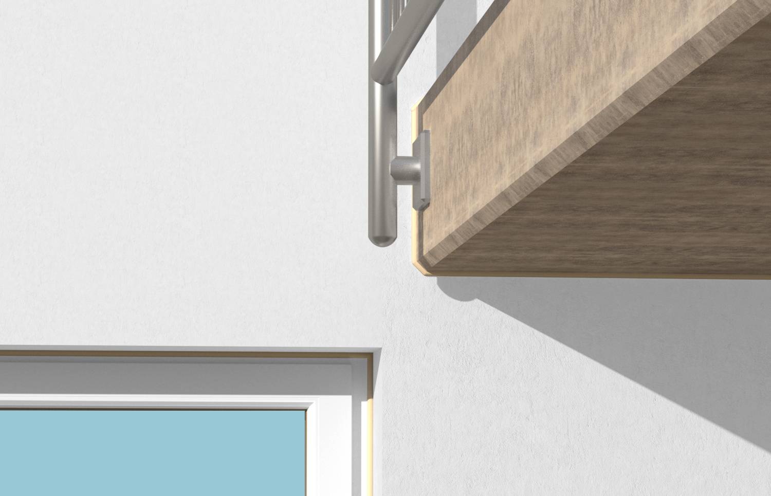 Nahaufnahme einer wandmontierten Holzregalbracke und metallischen Halterung an einer weißen Wand, mit einem teilweise sichtbaren Fenster darunter.