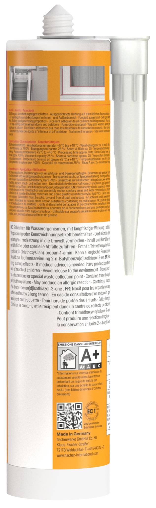 Orange-weiße Filterpatronen-Behältnis mit Anweisungen und Bewertungsetiketten, gezeigt neben einer durchsichtigen, kegelförmig zulaufenden Kunststoffkappe/Steckverbinder.