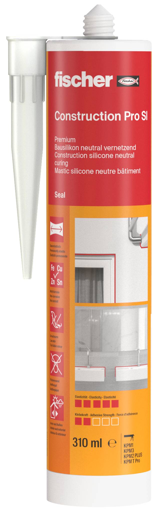 Fischer Construction Pro SI Silikon-Dichtstoff Kartusche, 310 ml, rote und weiße Verpackung mit Produktfenster und Applikator-Spitze.