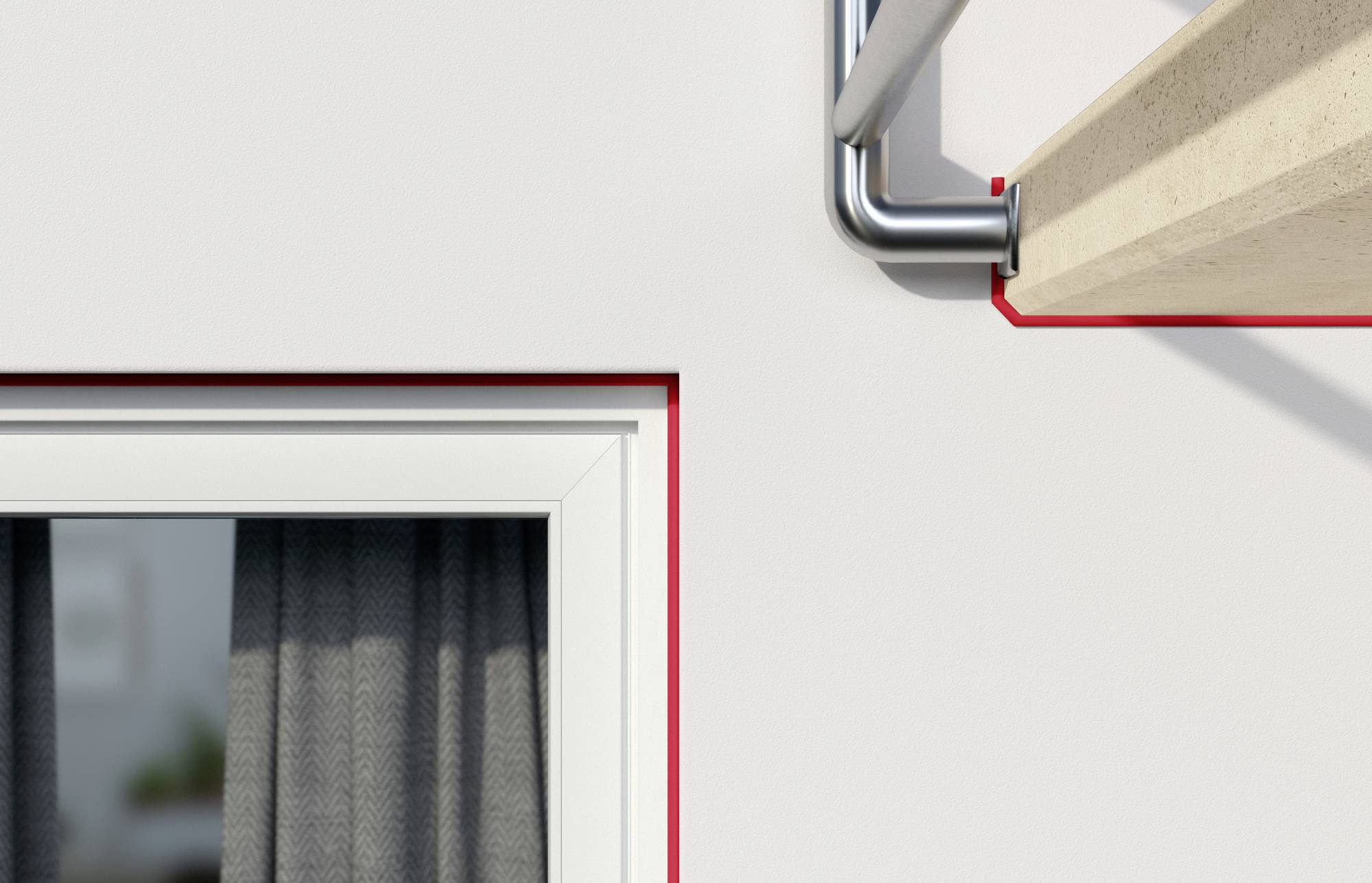 Ein weißes Gebäude mit einem Fenster links und einem Metallgeländer rechts. Fugen sind mit roter Linie hervorgehoben.