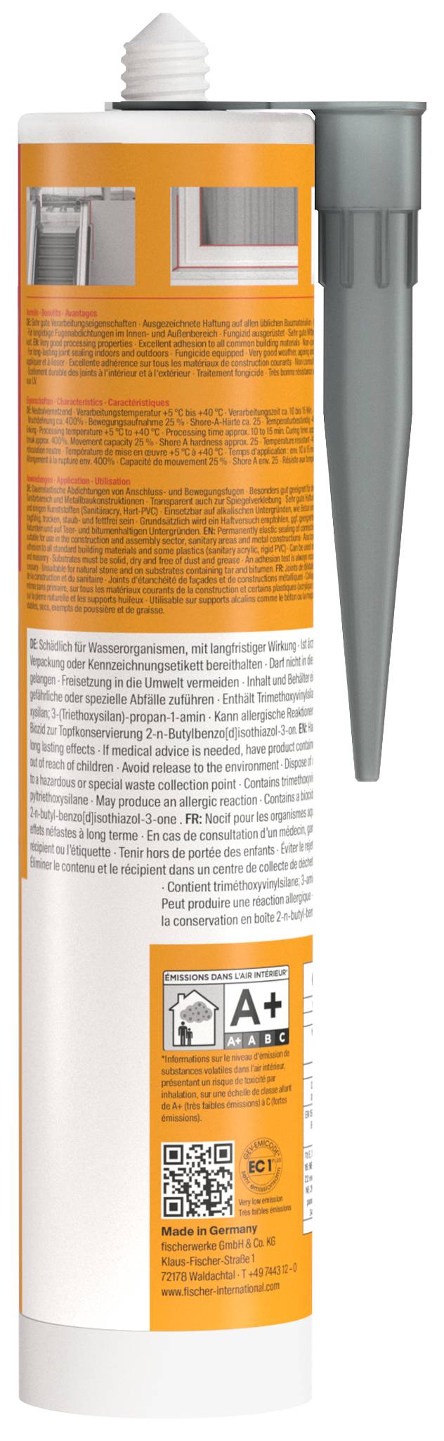Hohe weiße Klebstoffpatrone mit orangefarbetem Etikett und grauer Düse, mit Produktanweisungen, Sicherheitstext und einem Qualitätsbewertungsetikett.