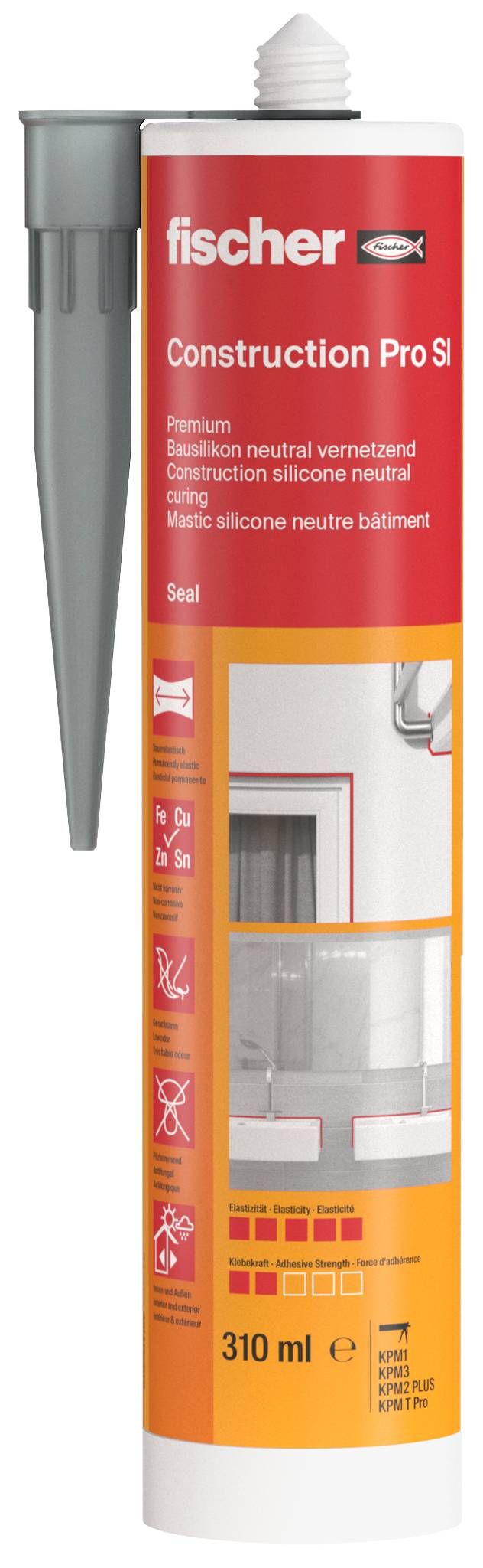 Eine Fischer Construction Pro S Dichtstoff-Kartusche mit integrierter grauer Applikator-Düse, beschriftet mit 310 ml und gezeigt in rot, orange und weißer Verpackung.