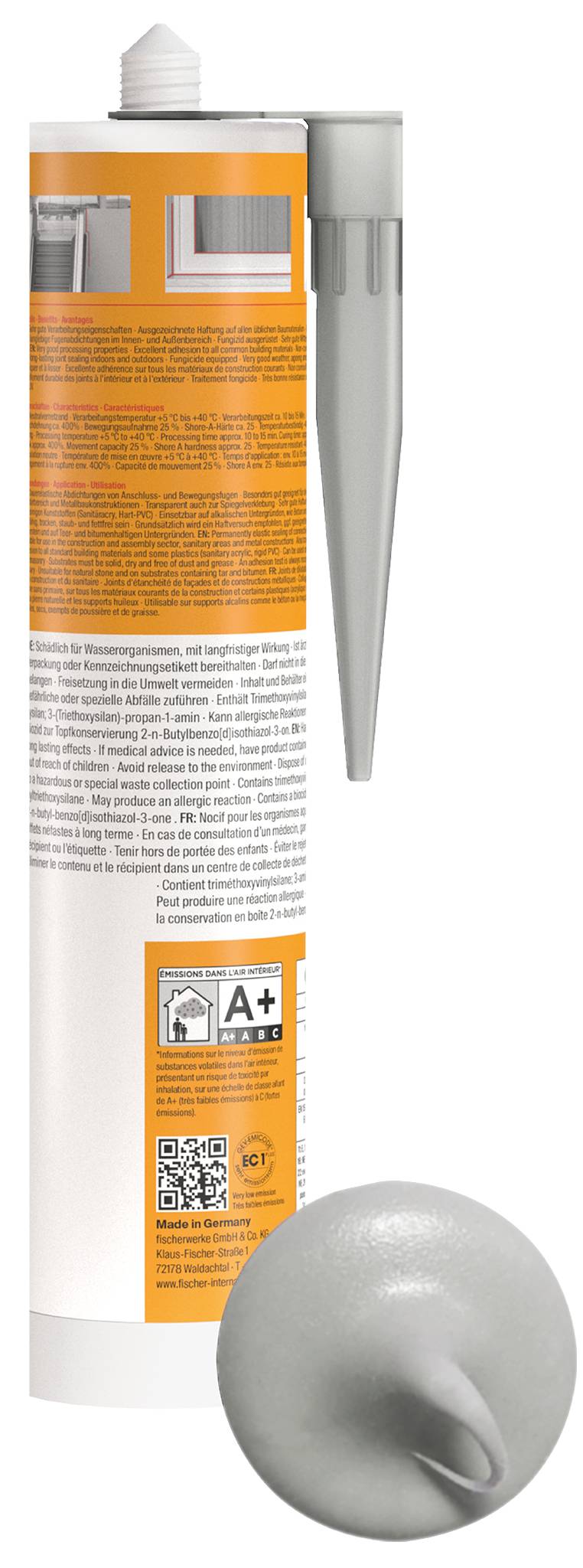 Eine weiße Konstruktionsklebstoffpatrone mit orangefarbenem Etikett und grauer Düse, dargestellt mit einer befestigten silbernen Applikatorkappe.
