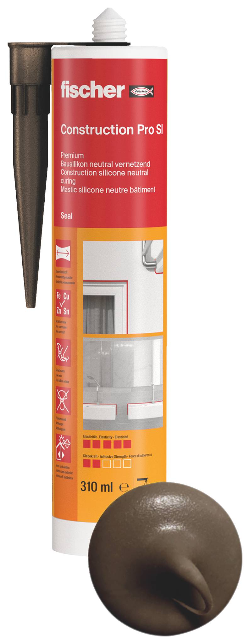 'Fischer DBSA Premium Bausilicon', 310 ml Tube. Neutralvernetzt, für Bau- und Sanitäranwendungen. Abgebildet: Verpackung mit Anwendungshinweis.