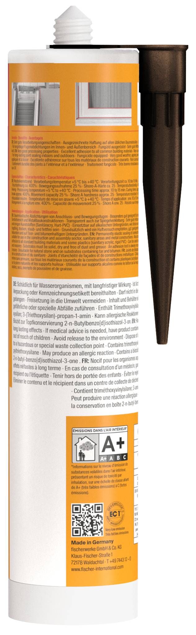 Eine hohe zylindrische orange-weiße Spraydose mit schwarzem Sprühkopf und Warnaufklebern, aufrecht auf weißem Hintergrund gezeigt.