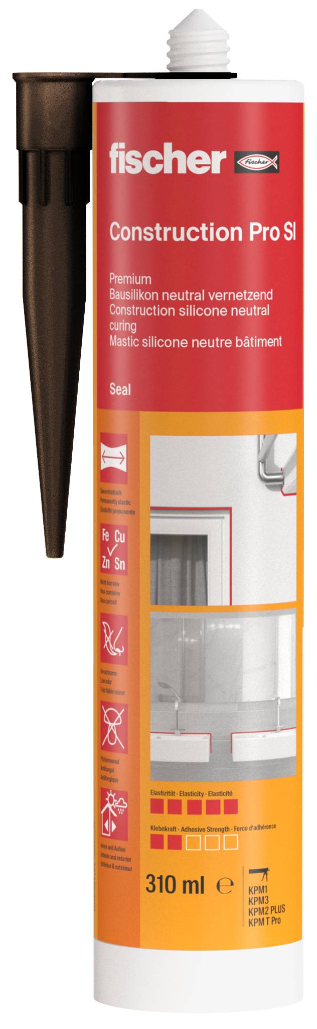 Eine Fischer Construction Pro Dichtstoff-Kartusche, rot und weiß, mit der Aufschrift 310 ml und „Premium Silicon neutral vernetzt".