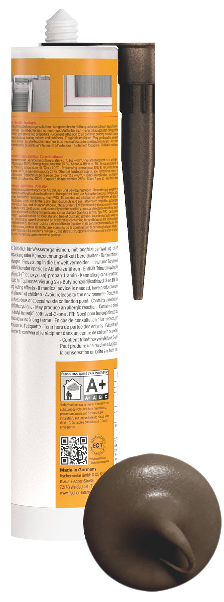 Orange-weiße Kleberpatrone mit spitzem dunklem Auslassstutzen und brauner Schraubkappe unten, gekennzeichnet mit A+ und QR-Code auf der Tube.