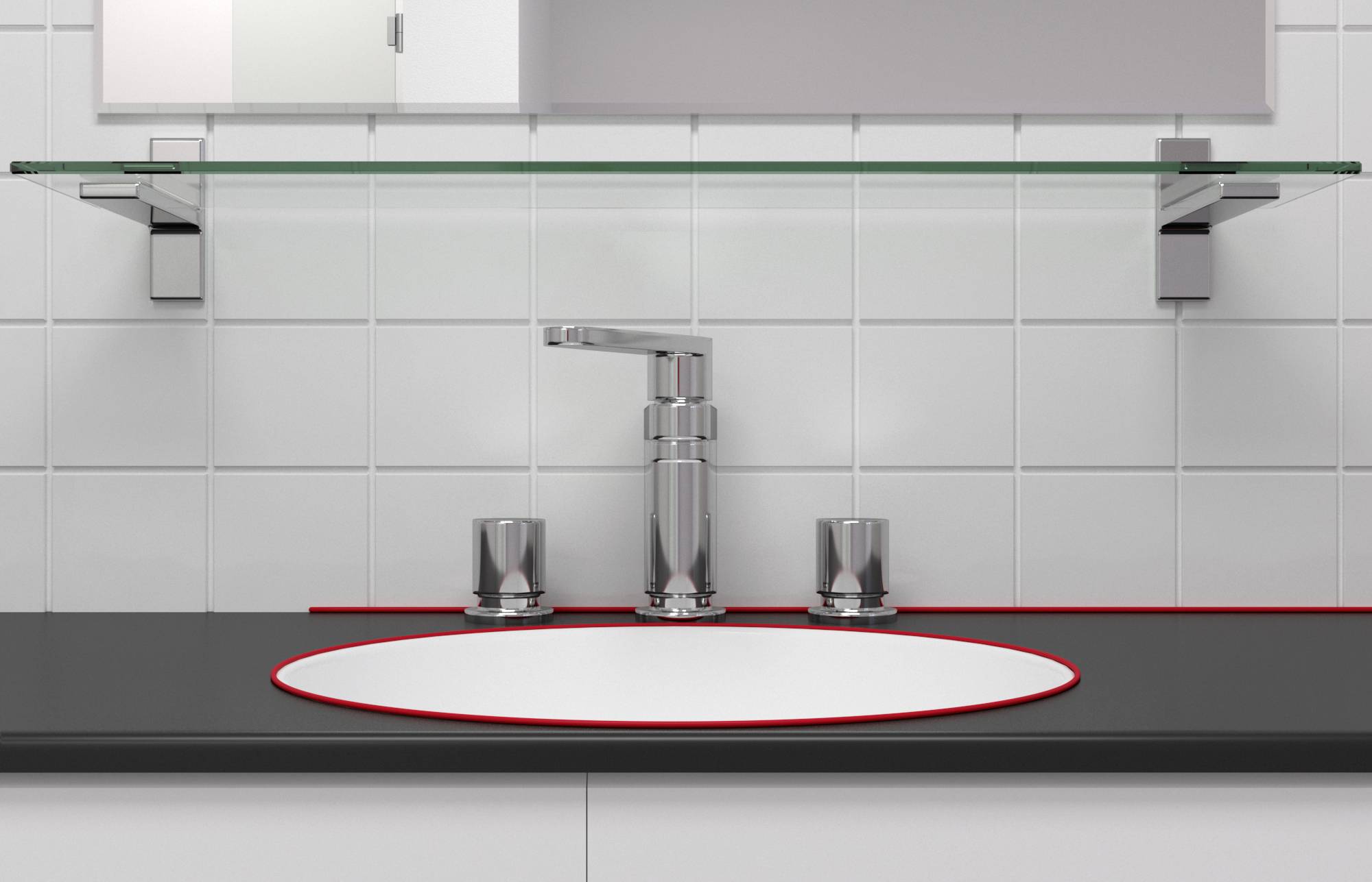 Ein moderner Wasserhahn mit zwei Drehknöpfen auf einem schwarzen Waschbecken, darunter ein helles rundes Waschbecken vor weißen Fliesen.