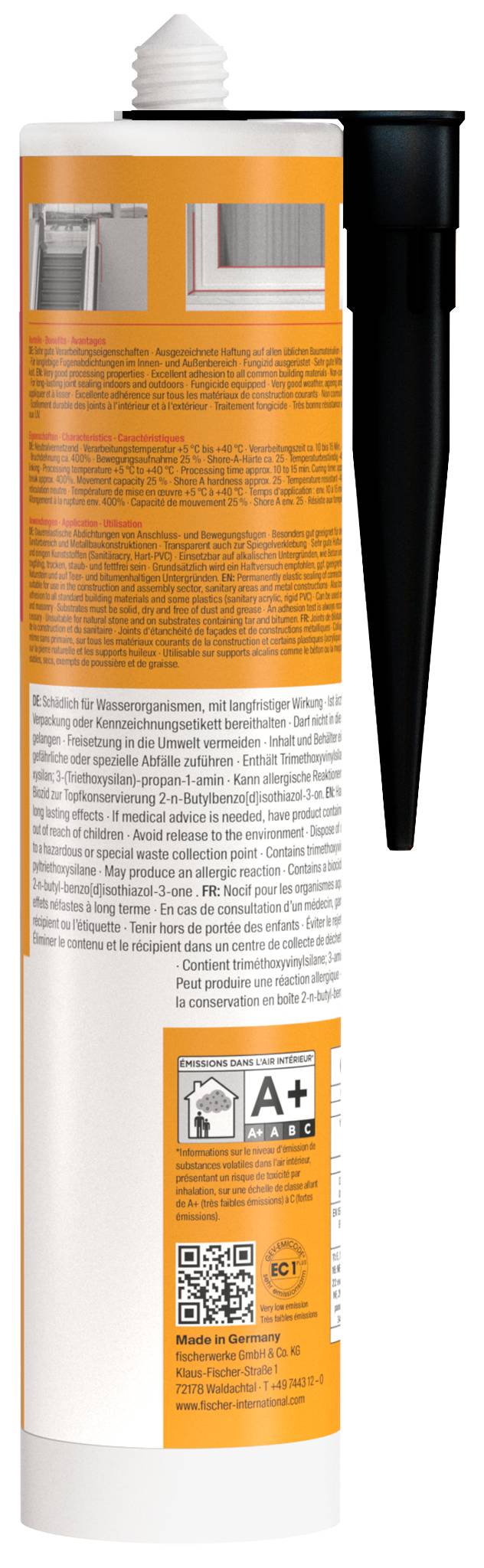 Orangene Sprühdose mit schwarzer Düse und weißer Kappe, bedeckt mit Produktinformationen und Etiketten.