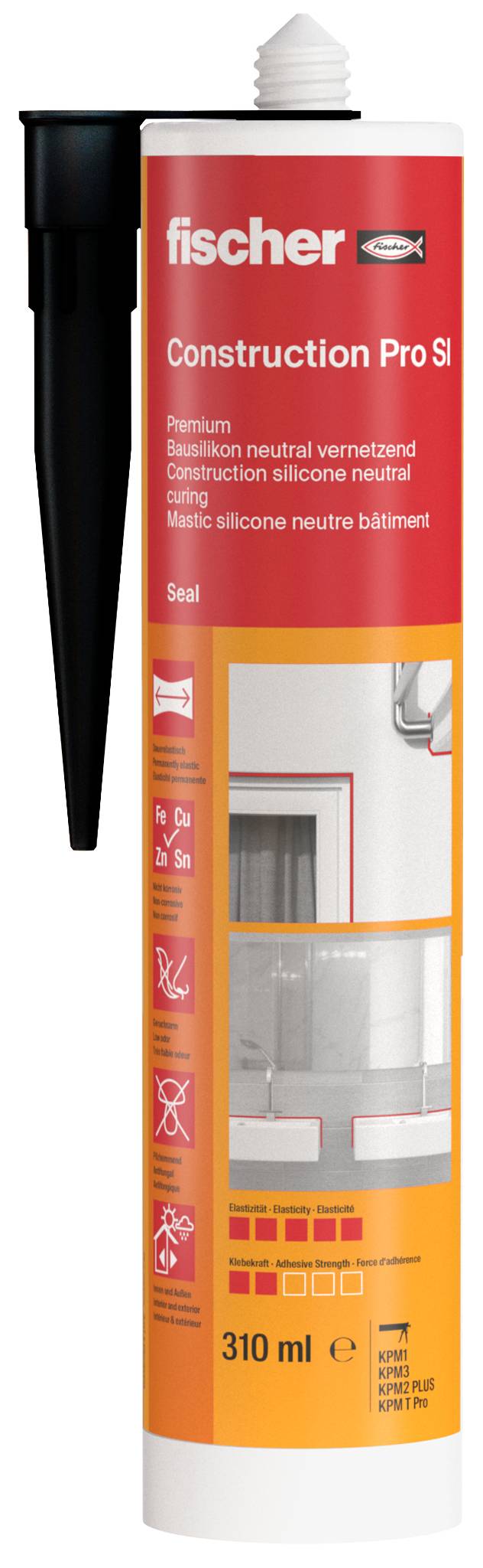 Eine Tube Fischer Construction Pro Silikon-Dichtmasse mit schwarzer Düse und rot-weißem Etikett, dargestellt als 310 ml Dichtmasse für Baukonstruktion.
