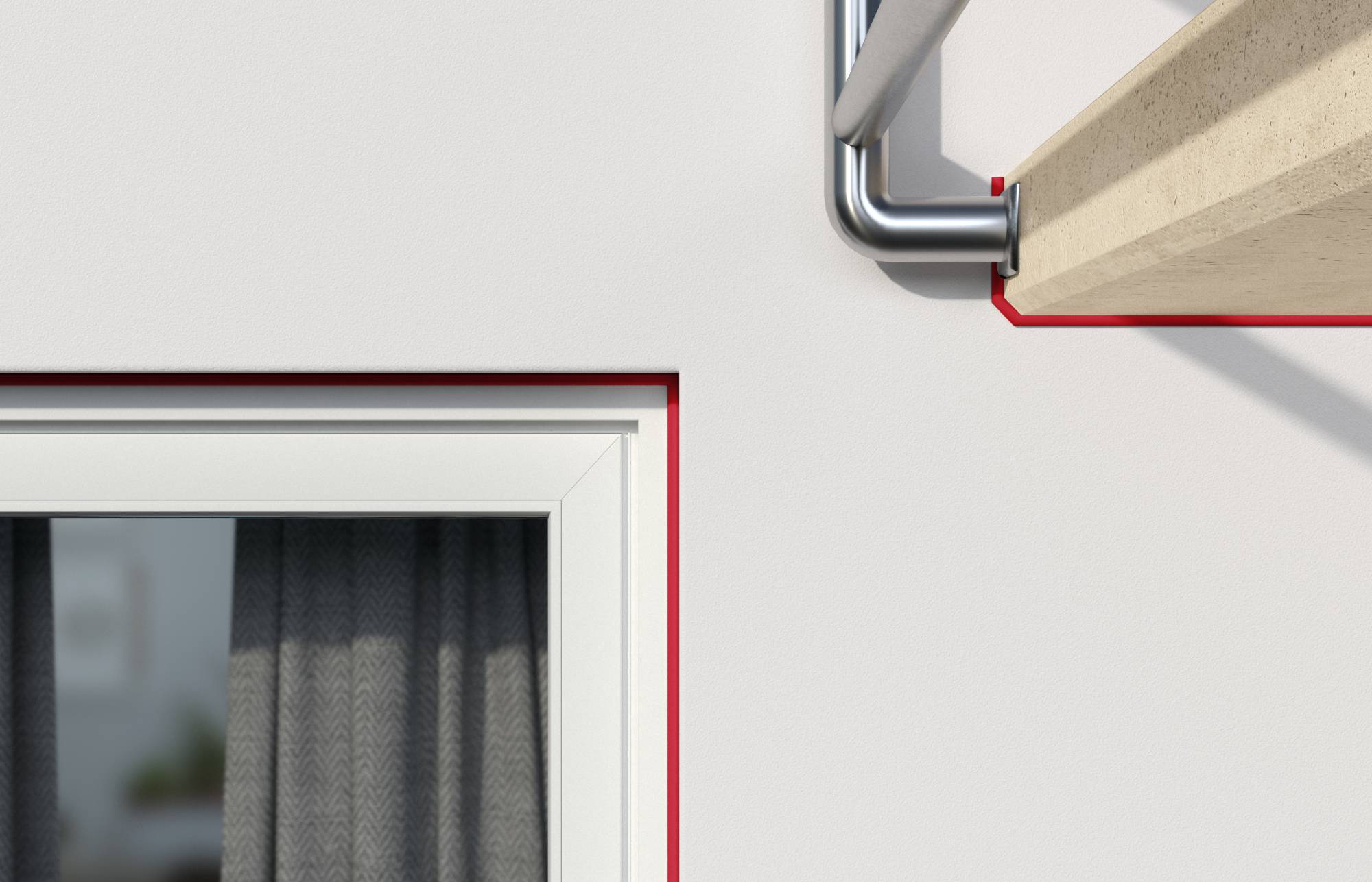 Nahaufnahme einer Gebäudewandecke mit Fensterrahmen und Dachrinne mit roten Abdichtungs- oder Blendungsdetails.