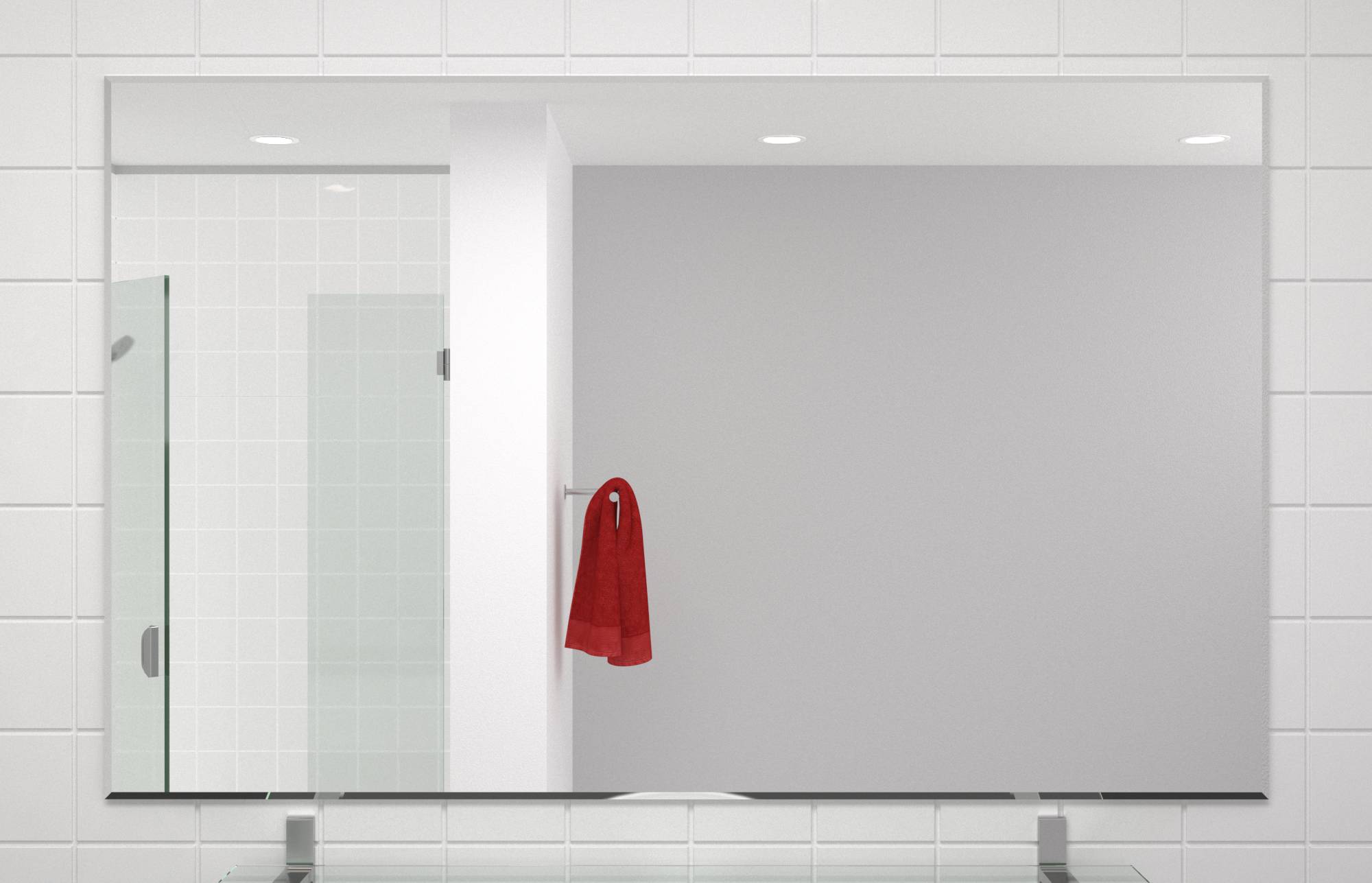 Badezimmerspiegel über dem Waschbecken mit einem roten Handtuch, das an der Wand daneben hängt.