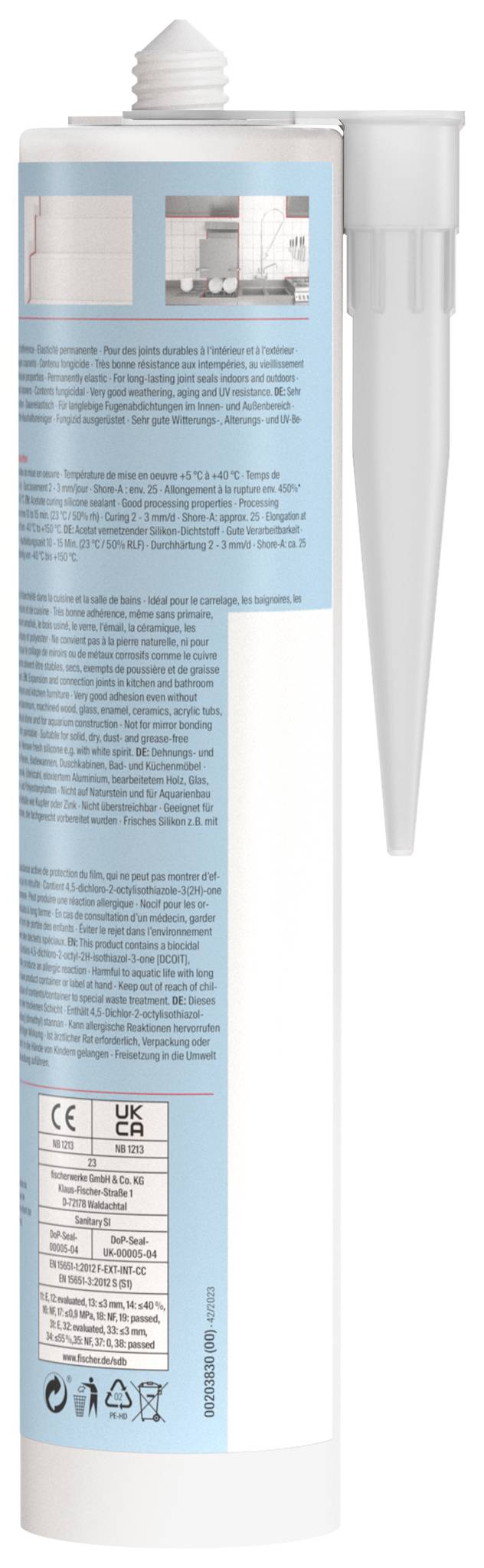 Eine hohe weiße Dichtungsmasse-Kartusche mit spitzer Düse und aufgedrucktem blauem Etikett, aufrecht auf einem einfachen Hintergrund gezeigt.