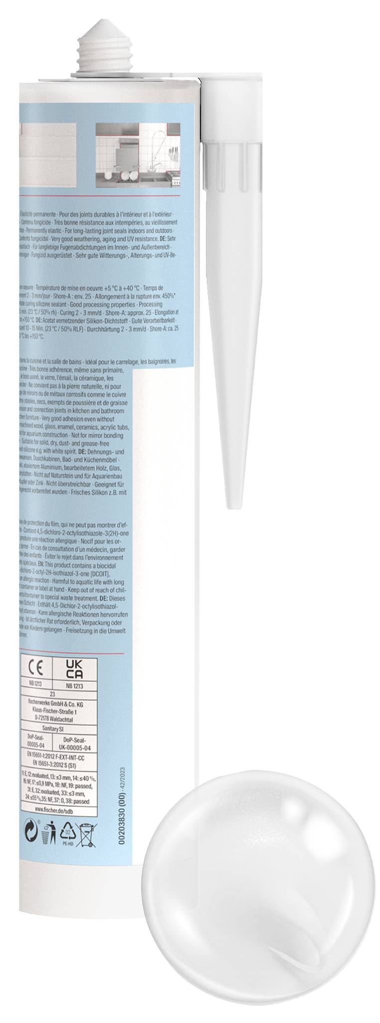Weiße Quetschtuben mit langem Aufsatz und transparentem rundem Deckel, von hinten gezeigt mit blauem Etikett und Produktinformationen.
