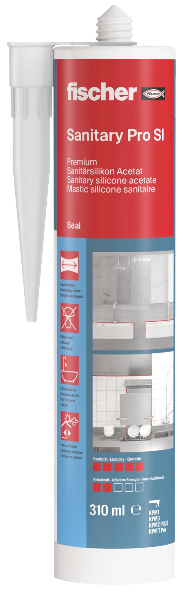 Eine Tube Fischer Sanitary Pro SI-Dichtstoff, 310 ml, weiße Kartusche mit rotem und blauem Etikett zur sanitären Silikon-Abdichtung.