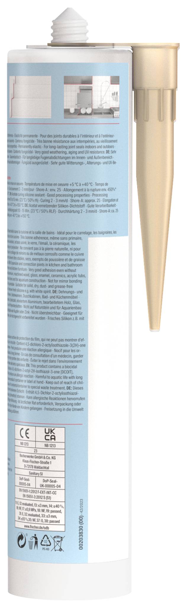Ein hohes Rohr mit Kosmetikremé mit einer weißen Kappe und einer goldenen Pumpe, gezeigt mit einem blauen Produktetikett und kleinem gedrucktem Zutaten- und Zertifizierungstext.