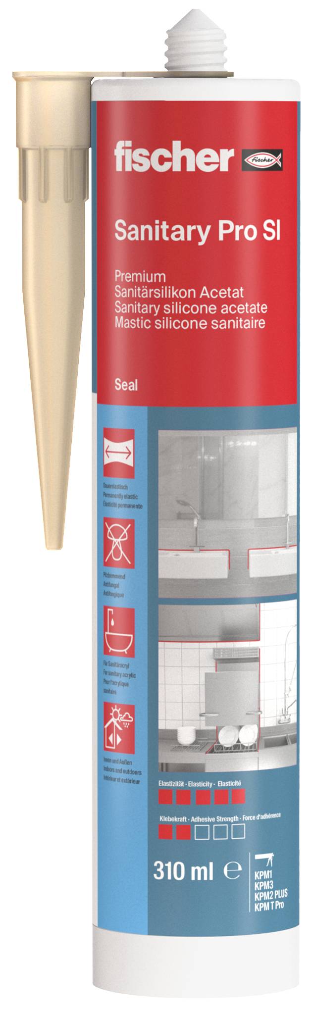 Ein Schlauch Fischer Sanitary Pro SI Dichtungsmittel, 310 ml, mit einer Düse und rot-blauem Etikett für sanitäres Silikon-Dichtungsmittel.