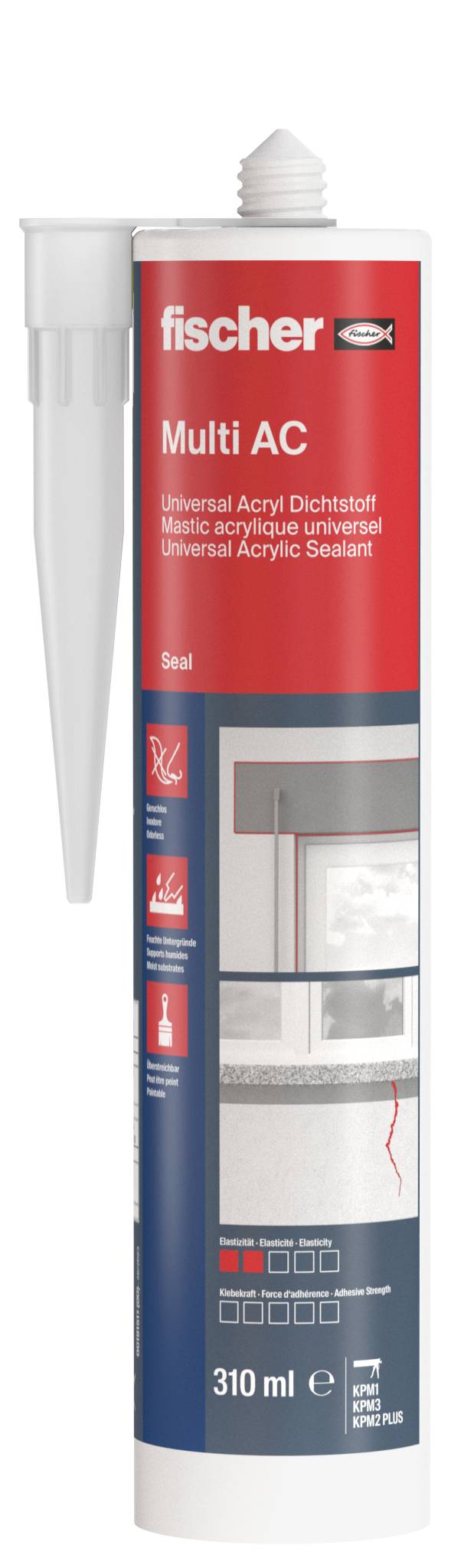Ein Röhrchen Fischer Multi AC Universal-Acryl-Klebstoff-Dichtstoff, mit rotem und blauem Etikett, 310 ml, dargestellt mit einer Düsen-Applikator.