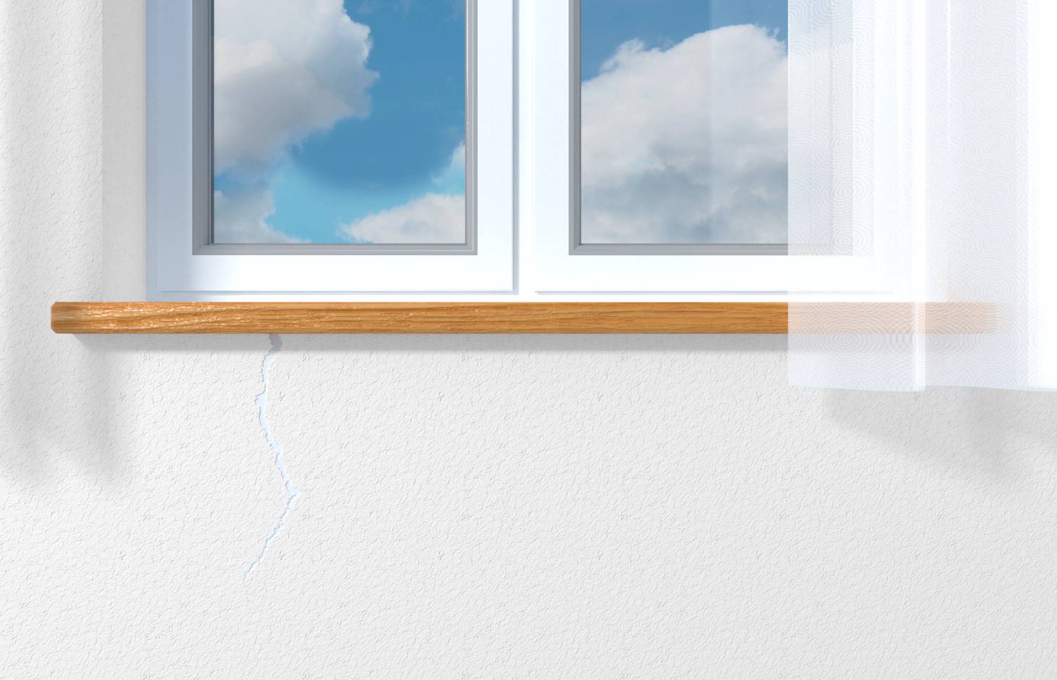 Rissige Innenwand unter einem Fenster, was auf Beschädigungen oder Setzungen in der Nähe der Fensterbank hindeutet.