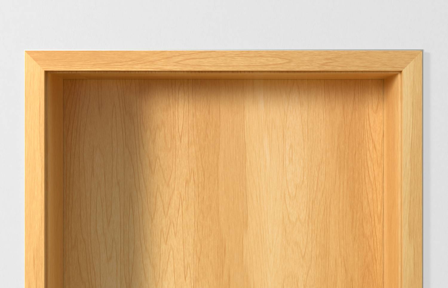 Nahaufnahme einer leeren Schrank- oder Regalöffnung aus hellem Holz mit rahmenförmiger Vertiefung vor weißem Hintergrund.
