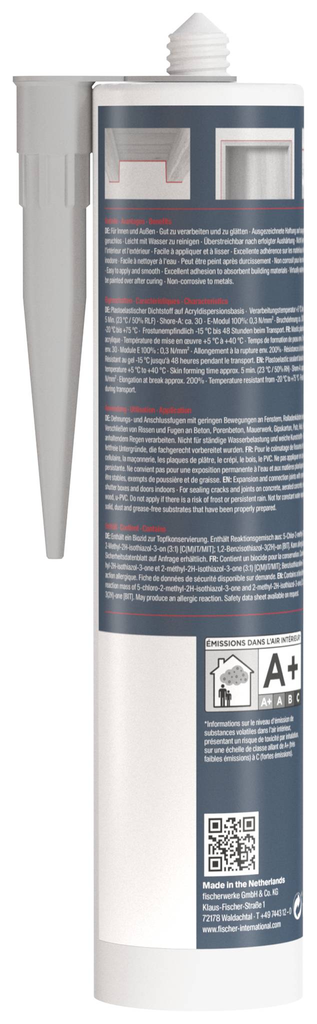 Eine weiße Klebstoffpatrone mit langer Düse und gedrucktem Etikett, aufrecht als Produktverpackung dargestellt.