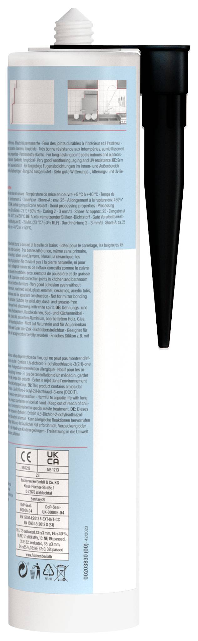 Weiße Dichtstoff-Kartusche mit blauem Etikett und schwarzer Kegeldüse, zeigt Produktverpackung und Anwendungsinformationen.