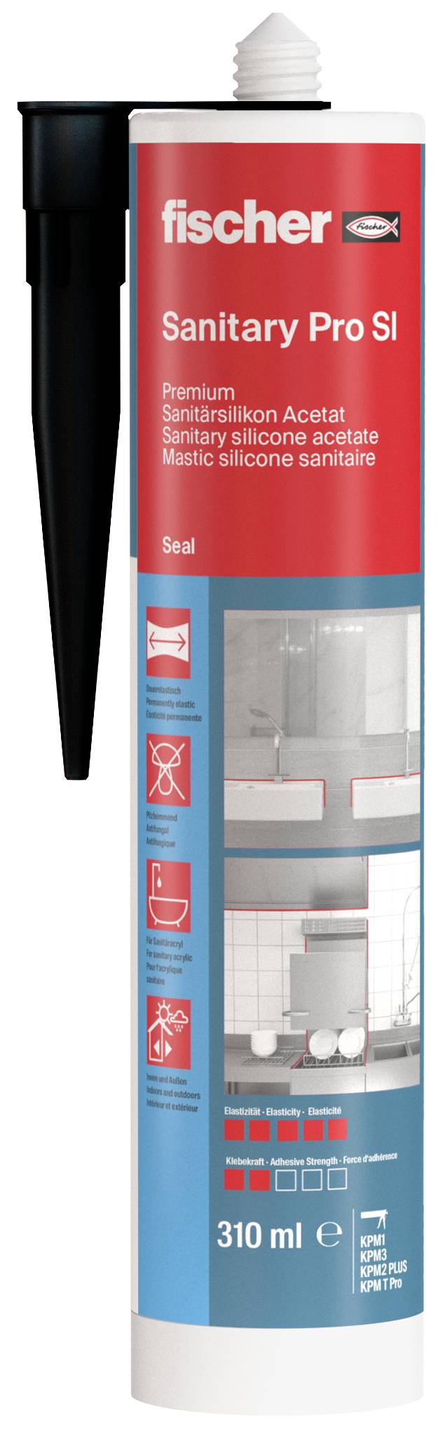 Tube fischer Sanitär Pro SI Dichtstoff, 310 ml, mit schwarzer Applikator-Düse und rot-blauem Etikett für sanitäre Silikon-Abdichtung.