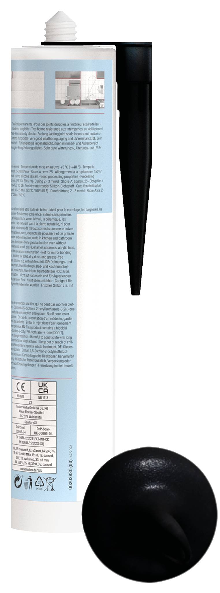 Ein Behälter mit kosmetischem Produkt mit schwarzer Düse und separatem schwarzem Verschluss, dargestellt vor weißem Hintergrund.