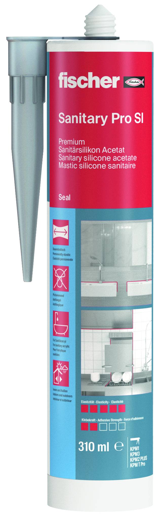 Bild einer Fischer Sanitary Pro SI Silikon-Dichtungsmasse Tube, 310 ml, weiße Sanitär-Silikon-Klebstoff mit Applikator-Düse.