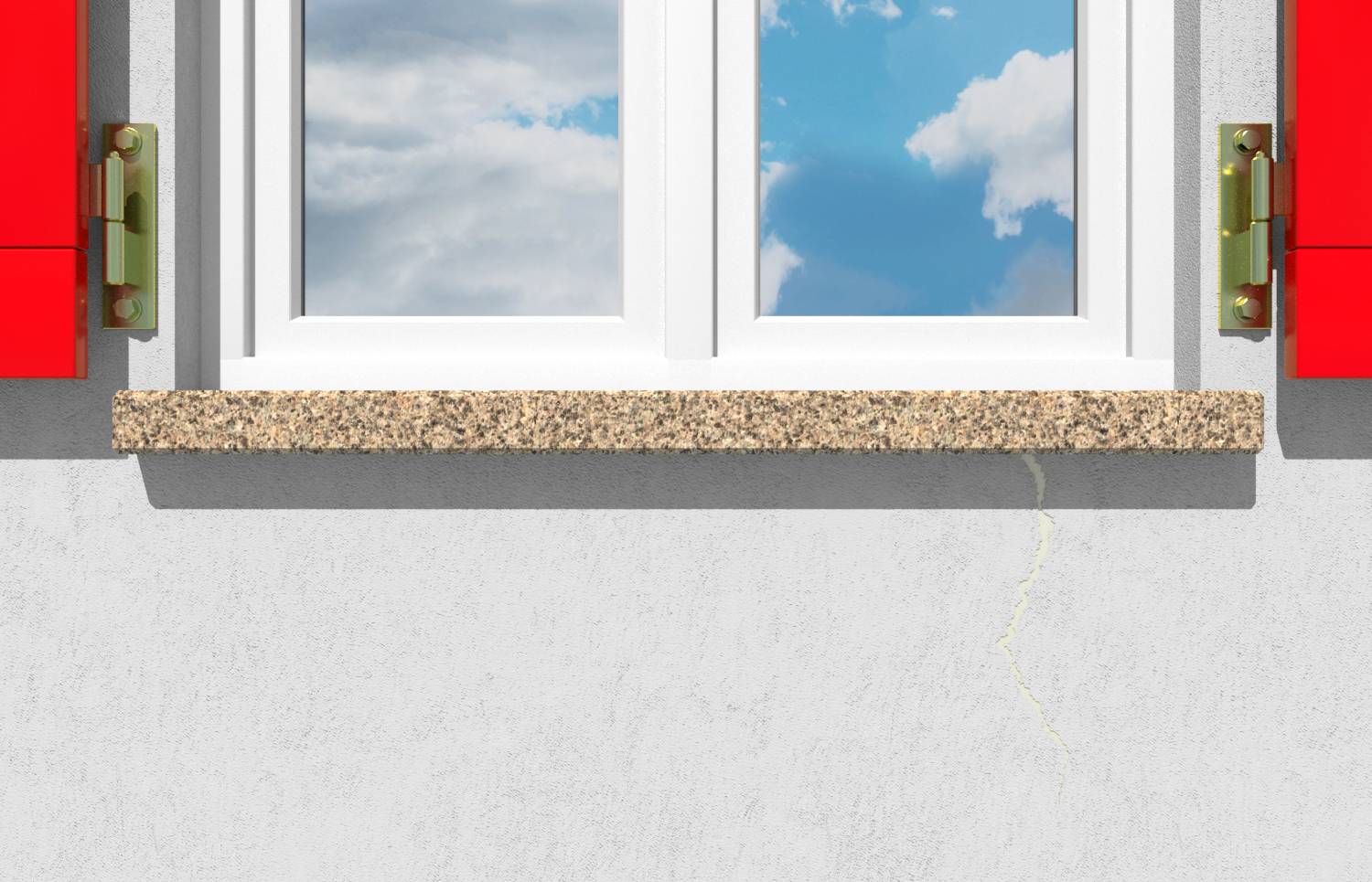 Ein weißes Fenster mit roten Läden und blauem Himmel sichtbar, das über einer gefleckten Steinsims an einer schlichten Wand sitzt, mit einem feinen Riss unterhalb der Sims.