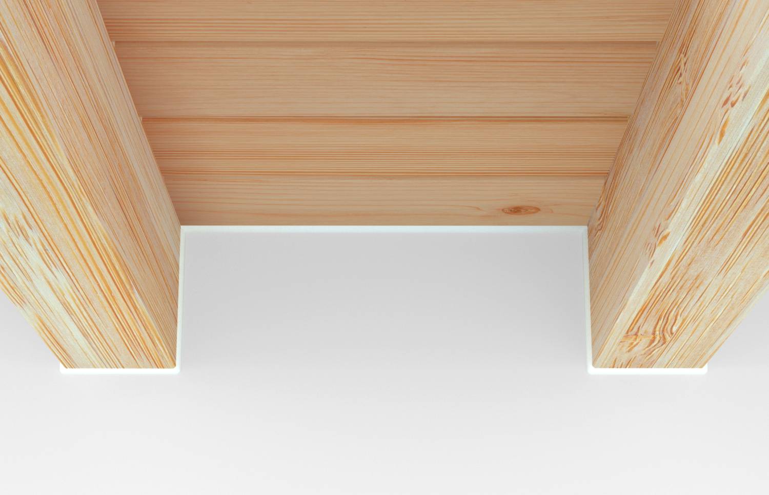 Holzbalkendecke mit zwei sichtbaren Balken, die von oben betrachtet werden. Lichtes Holz mit sichtbarer Maserung, klarer moderner Stil.