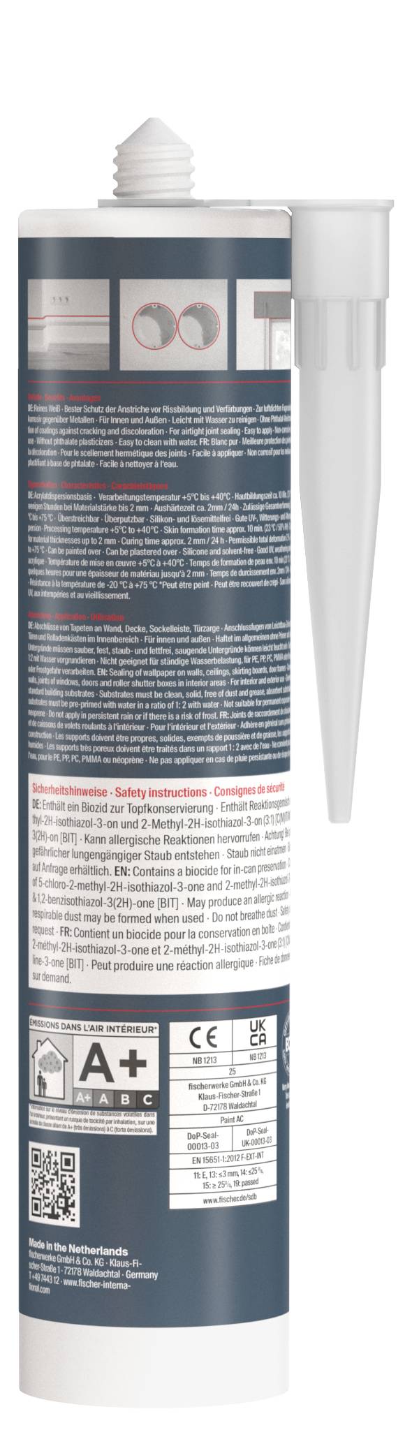 Tube mit Klebstoffdichtungsmittel mit einer Düspenkappe, von vorne gezeigt und gekennzeichnet mit Produktinformationen und Sicherheitsanweisungen.