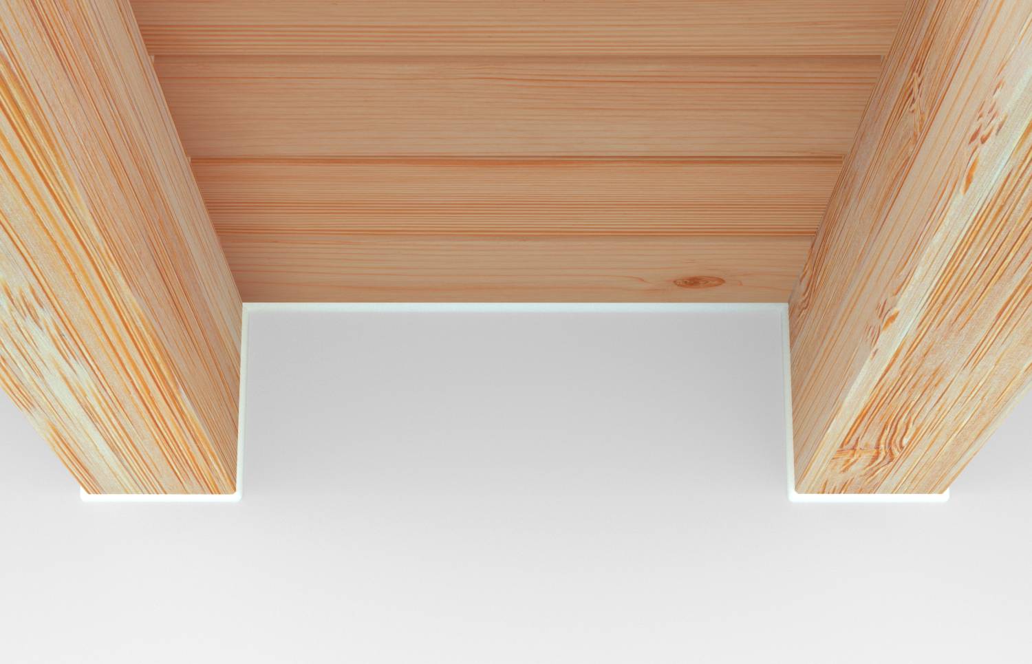 Nahaufnahme der Unterseite eines hellen Holzregals oder Tisches vor einem einfachen weißen Hintergrund, mit zwei vertikalen Stützen und einer horizontalen Oberplatte.