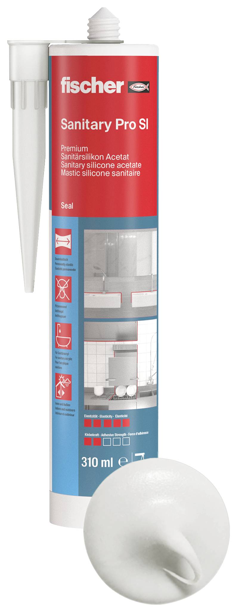 Kartusche mit 'fischer DSSA Premium Sanitär-Silicon' in Weiß, 310 ml. Geeignet für Sanitärabdichtungen, mit Applikationsdüse.