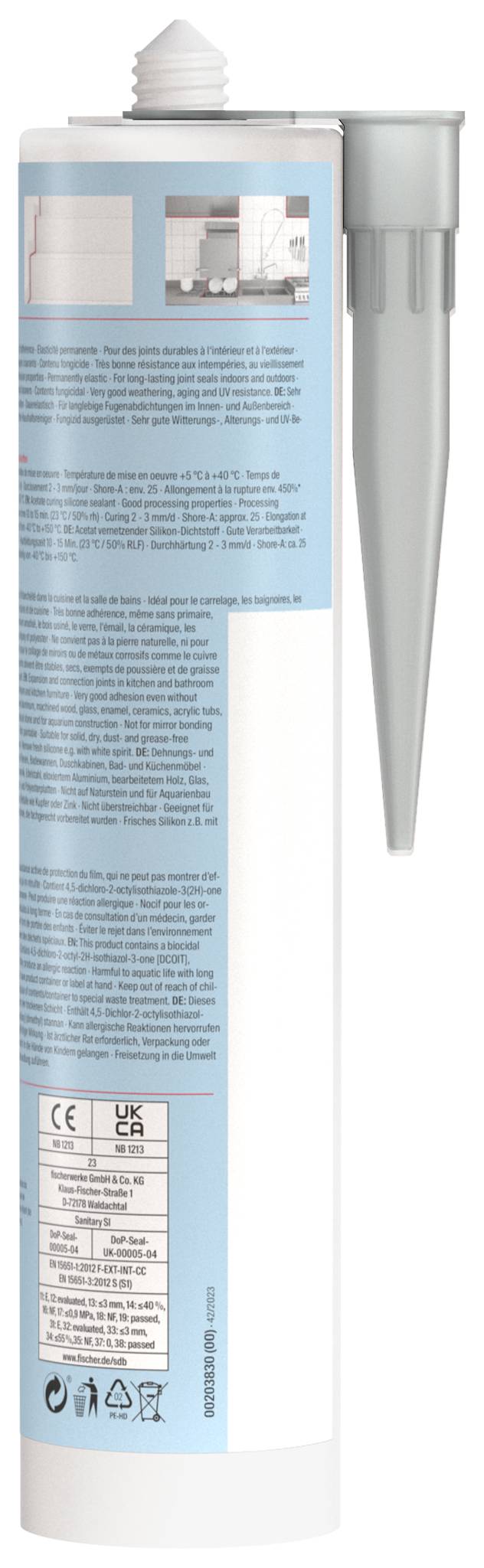 Ein Behälter mit hellblauem Klebstoff oder Dichtungsmasse mit Schraubkappe und angebrachter Applikatordüse, dargestellt als Produktverpackung mit Kennzeichnungstext und Sicherheitssymbolen.