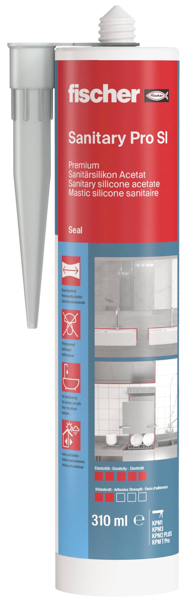 Fischer Sanitary Pro SI Silikon-Dichtstoff-Patrone, 310 ml, mit Applikationsdüse, rotes und blaues Etikett.