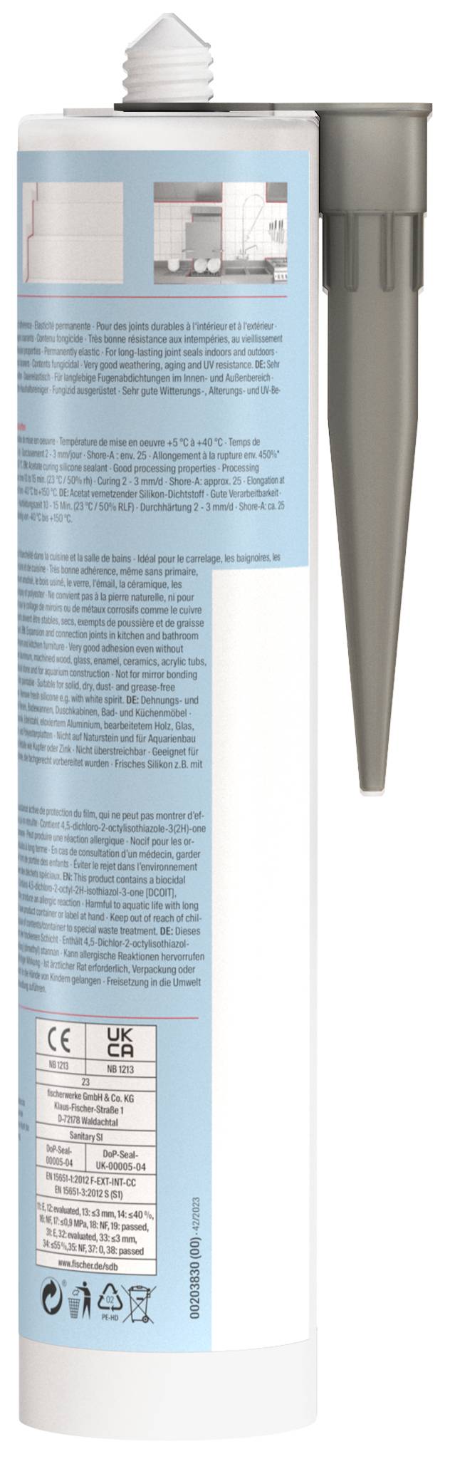 Eine weiße und graue Klebstoffpatrone mit einer langen Düse, aufrecht dargestellt mit einem blauen Produktetikett und Sicherheits-/Recycling-Symbolen.