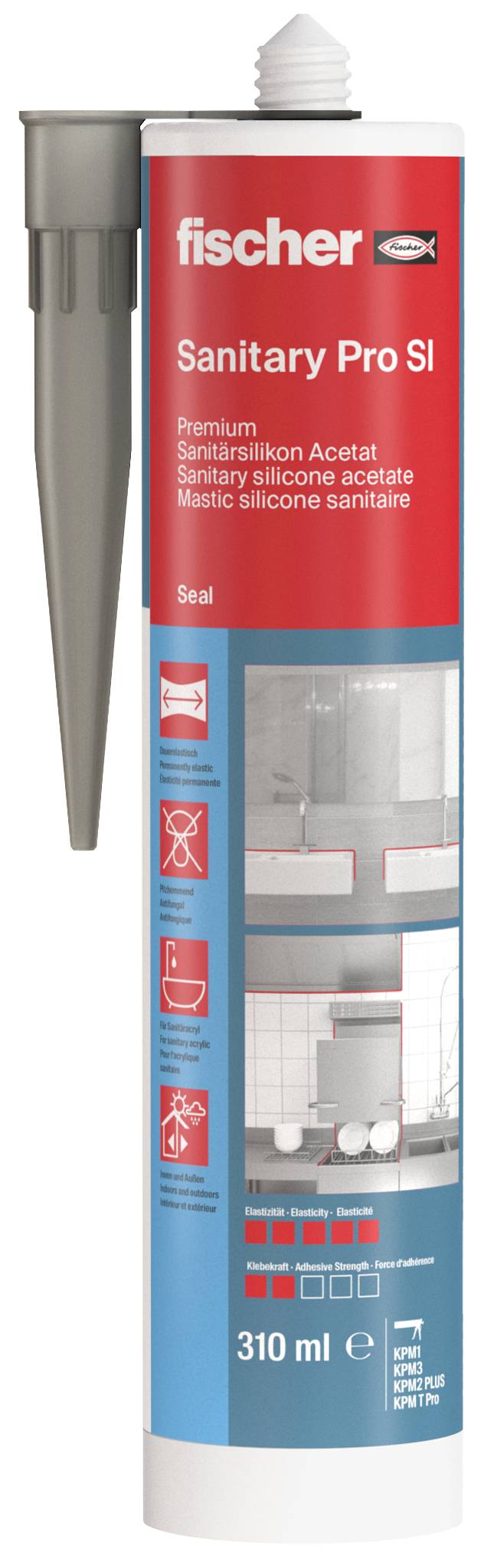 Eine Fischer Sanitary Pro SI Dichtmittelkartusche, mit rotem und blauem Etikett, 310 ml, mit angebrachter Düse für die Anwendung von Sanitärsilikon.