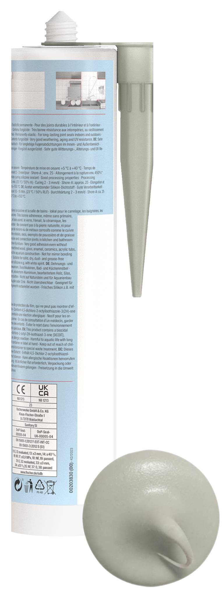 Ein Schlauch mit weißem Dichtkleber mit konischer Düse, daneben eine graue Applikator-Kappe oder -spitze, darunter eine kleine graue Probe des Materials.