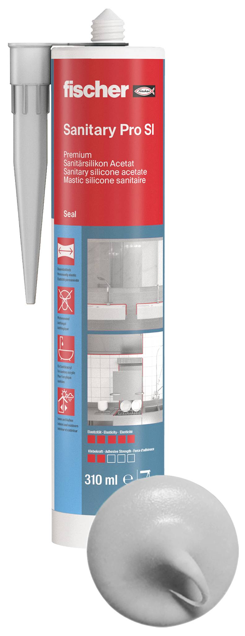 Kartusche mit Fischer DSSA Premium Sanitär-Silicon, 310 ml. Das Produkt ist für Abdichtungen in Nassbereichen geeignet.