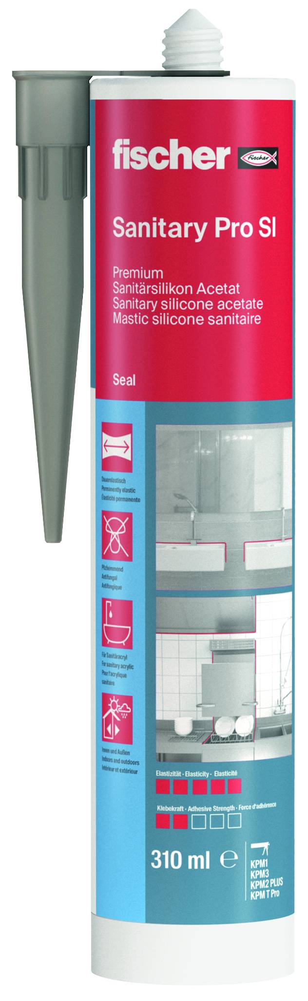 Fischer Sanitär Pro SI Silikon-Dichtmasse-Kartusche, 310 ml, in blau-roter Tube mit grauer Applikatorspitze für Sanitärfugen.