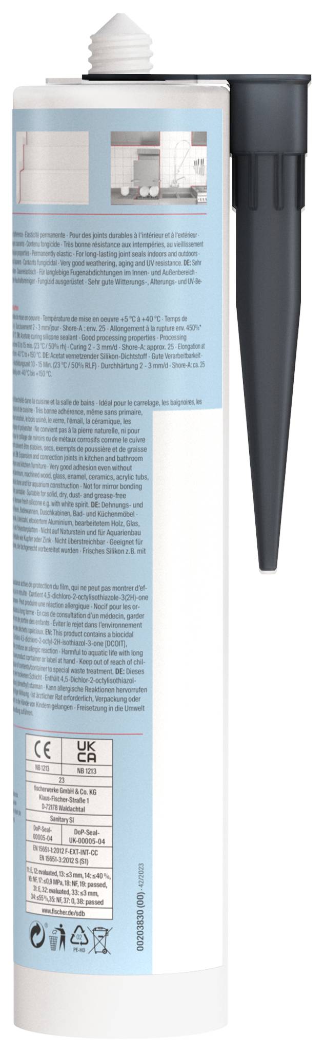 Eine hohe weiß-blaue Kartusche mit Düse und dunkelroter Kappe, dargestellt wie eine Produktverpackung für Dichtungsmittel oder Kleber.