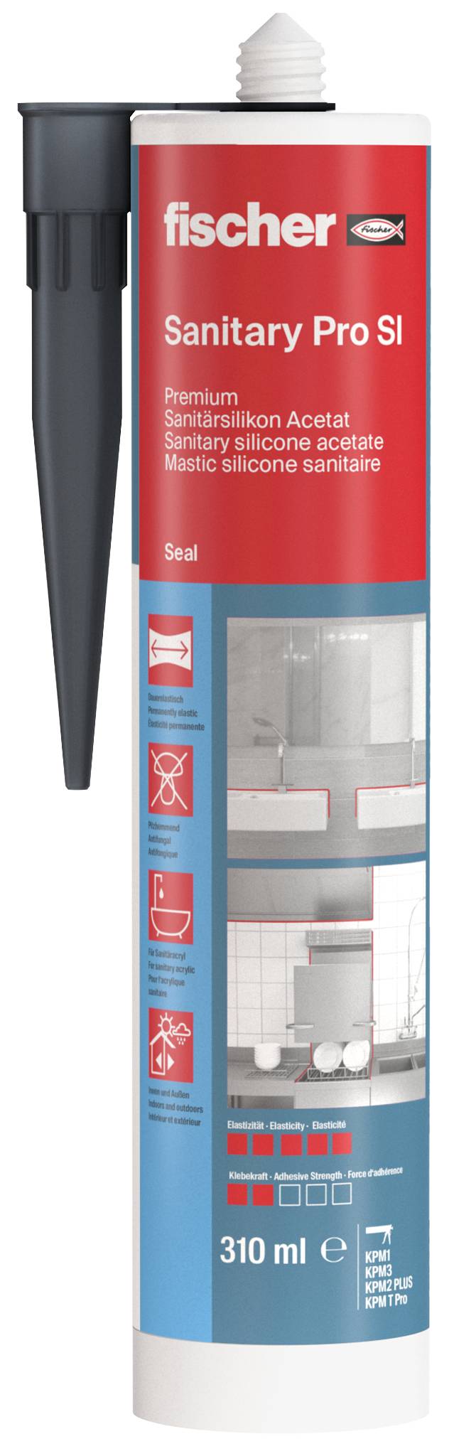 Fischer Sanitär Pro SI 310 ml Silikon-Dichtstoff-Kartusche mit Applikator-Düse, rotes und blaues Etikett.