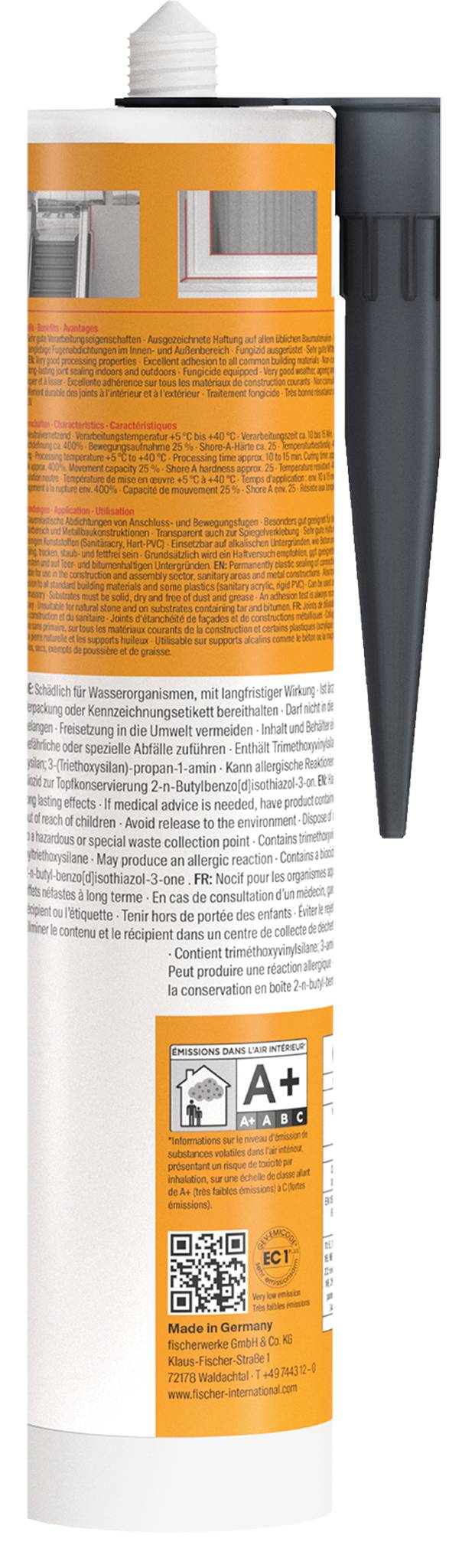 Tube aus orangefarbenem und weißem Klebstoff oder Dichtmittel mit einem langen schwarzen Düsenapplikator und Produktetiketttext, aufrecht auf weißem Hintergrund dargestellt.
