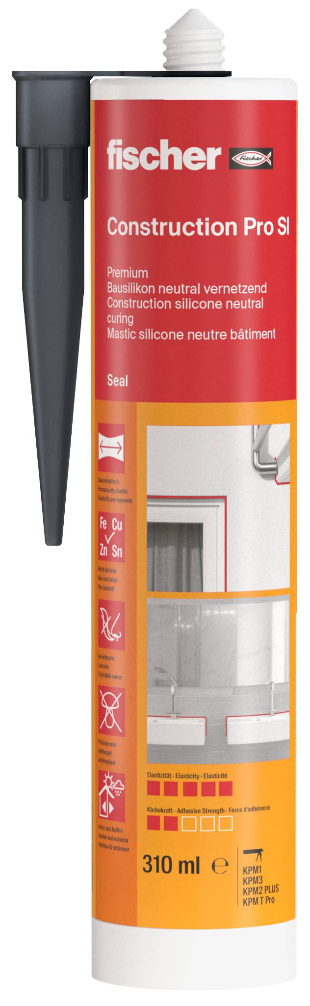 Eine Fischer Construction Pro Silikon-Dichtmasse-Kartusche mit schwarzer Anwendungsdüse, gekennzeichnet mit 310 ml und neutraler Abbindung.