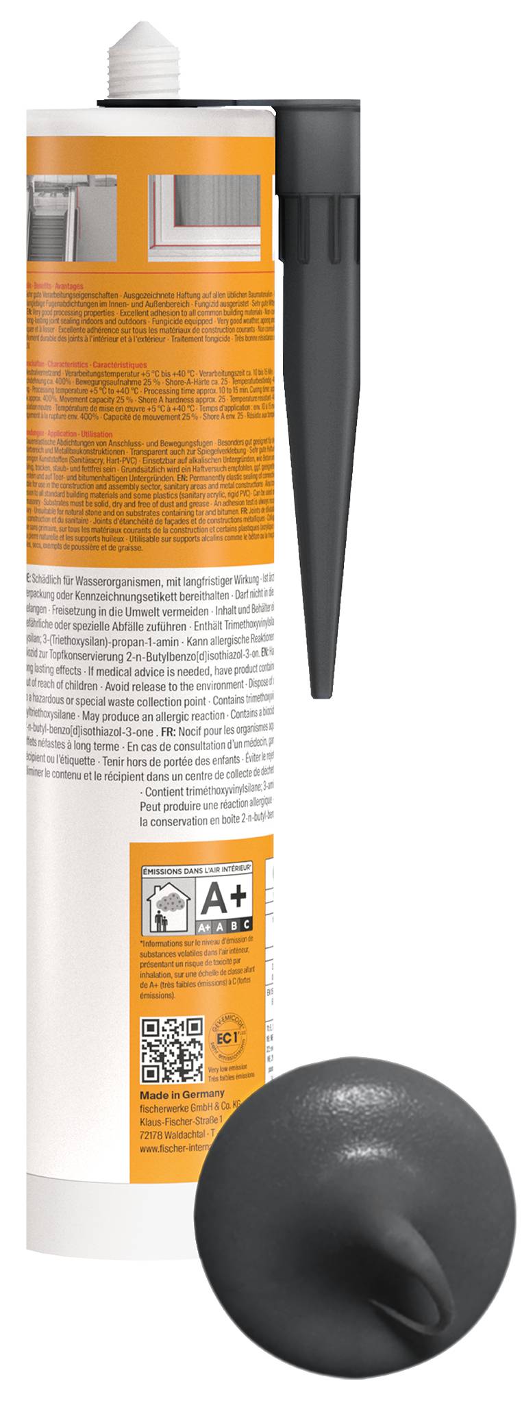 Ein Schlauch mit orange-weißer Dichtungsmasse mit schwarzer Düse und Kappe, dargestellt mit der Düsenspitze im Vordergrund.