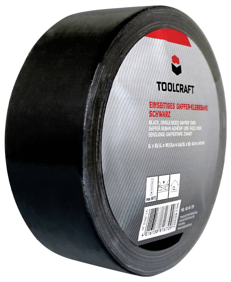 Schwarzes, einseitiges Gaffer-Klebeband mit Etikett der Marke 'Toolcraft'.