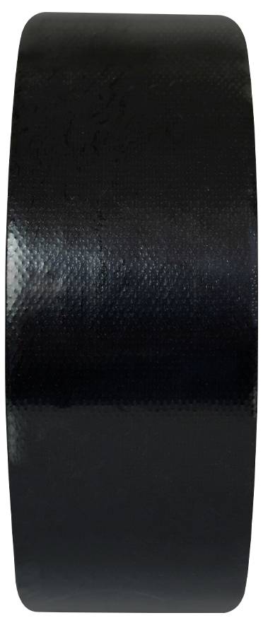 Eine Rolle schwarzes Klebeband, glatt und glänzend, seitlich dargestellt.